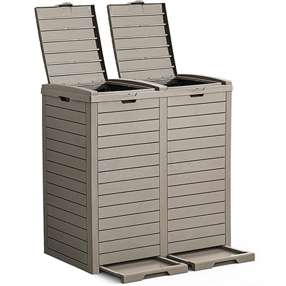 YITAHOME Outdoor Resin-Based Dual Compartment Trash Bins, 62 Gallon Capacity, Easy-to-Clean Hideaway Garbage Cans with Lid and Drip Tray (Light Brown)