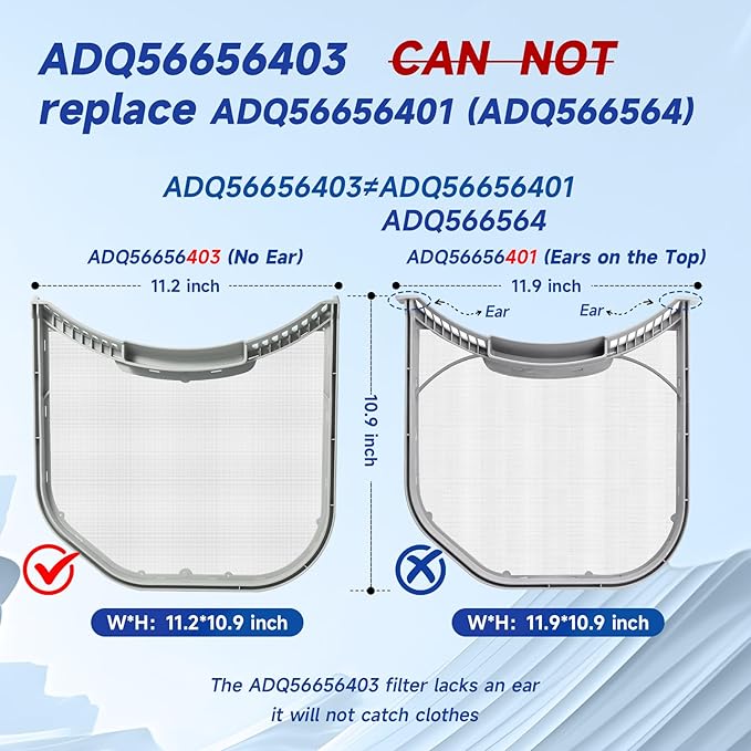 ADQ56656403 Dryer Lint Filter Screen Replacement for LG WashTower & Dryers | Compatible with DLEX4000W DLGX4001W DLGX4201B DLGX4201W | 11.2" × 10.9" Lint Trap | Replaces 4960837 AP7012980 PS16546780