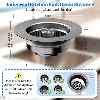 NinjaTiger Kitchen Sink Drain Strainer - 2-Pack 3-in-1 Stainless Steel Kitchen Sink Stopper Pop-Up Sink Drain Strainer Basket Kitchen Sink Stopper for US Standard 3-1/2'' Drain | Gunmetal Gray