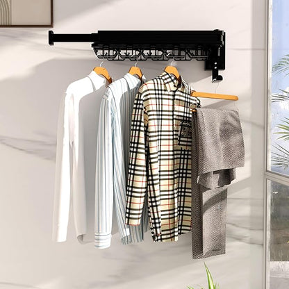 Kelisiting Clothes Drying Rack, Wall Mounted Laundry Drying Rack, Upgrade 3-Fold Foldable Collapsible Retractable Clothing Drying Rack with 12 Dual Hooks Organization for Laundry Room Indoor- Black