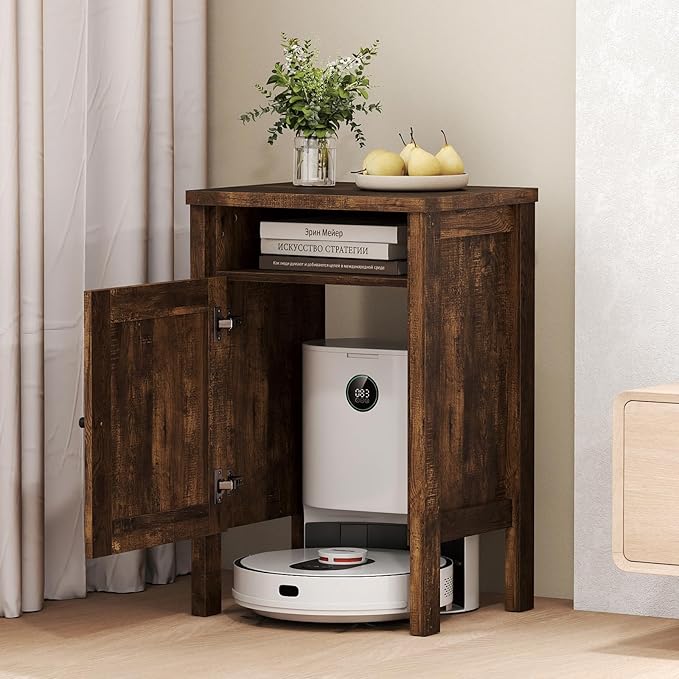 GOFLAME Robot Vacuum Storage Cabinet, Retro Sofa Side End Table with Hidden Robotic Vacuum Cleaner Storage & Open Compartment, Sweeping Robot Stand Cabinet for Living Room (Rustic Brown)