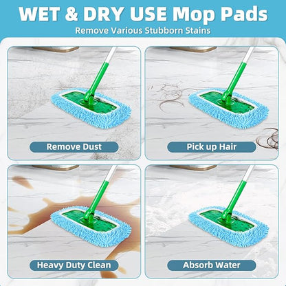 Reusable Microfiber Mop Pads Compatible with Swiffer Sweeper Mop, Washable Wet Pads Refill & Chenille Dry Sweeping Cloths for Use on All Sealed Floors - Wood, Laminate, Stone & Tile (10 Coral Blue)