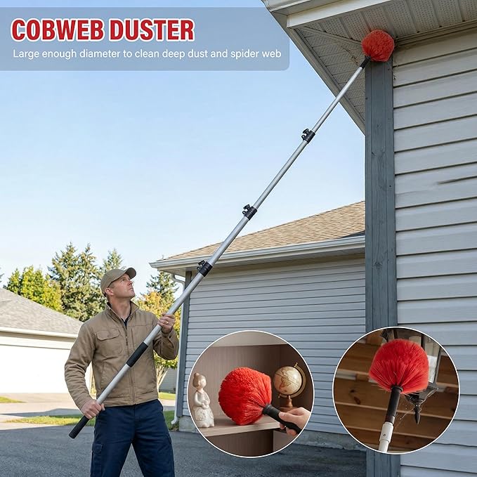 8 FT Cobweb Duster with Extension Pole, 12 FT High Reach Ceiling Fan Cleaner Duster for Home, 2.6-8 FT Extendable Pole with 3 Pcs Dusting Tools, Cubweb Duster, Feather Dusters, Ceiling Fan Duster