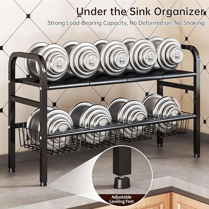 Under Sink Organizer Bathroom Expandable 2 Tier,Bathroom Cabinet Organizer,Adjustable Black Cabinet Shelf for Kitchen Bathroom Laundry,Under Sink Storage Rack with Removable Baskets and Panels