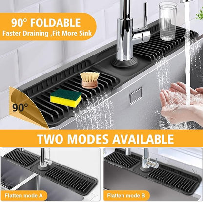 24-Inch Kitchen Sink Splash Guard Mat | 7° Slope for Fast Self-Draining | Snap-Lock Design | Universal & Cuttable Silicone Faucet Mat (Black)