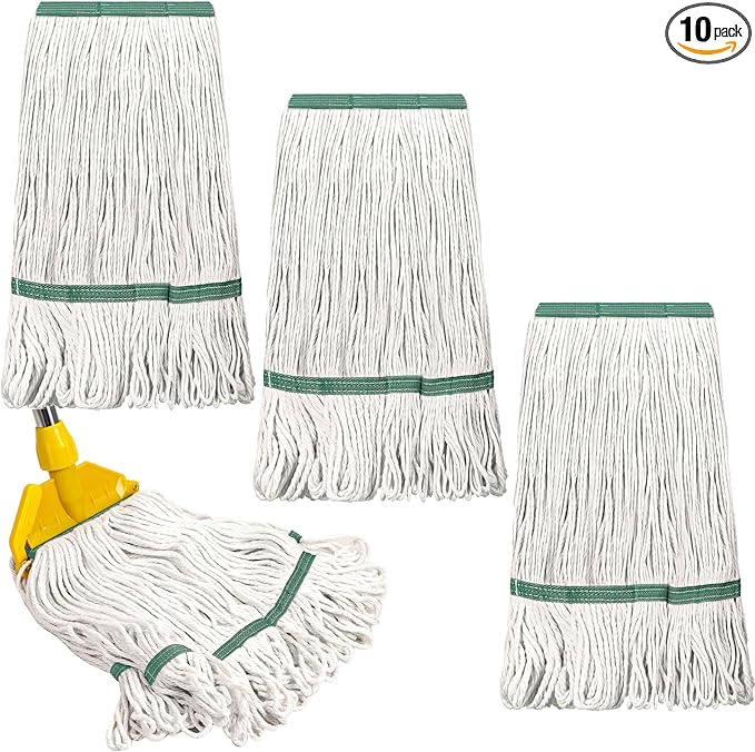 Eccliy 10 Pack Mop Heads Replacement Commercial Industrial Mop Heads Heavy Loop End Cotton String Heavy Duty Refills Wet Washable Refills for Home General Floor Cleaning (White,Green)