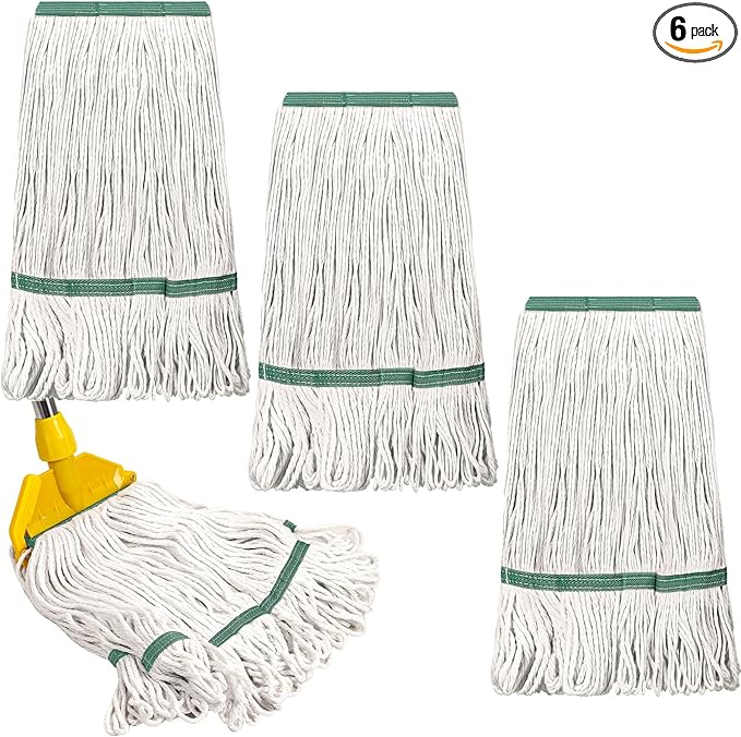 Eccliy 6 Pack Mop Heads Replacement Commercial Industrial Mop Heads Heavy Loop End Cotton String Heavy Duty Refills Wet Washable Refills for Home General Floor Cleaning (White,Green)