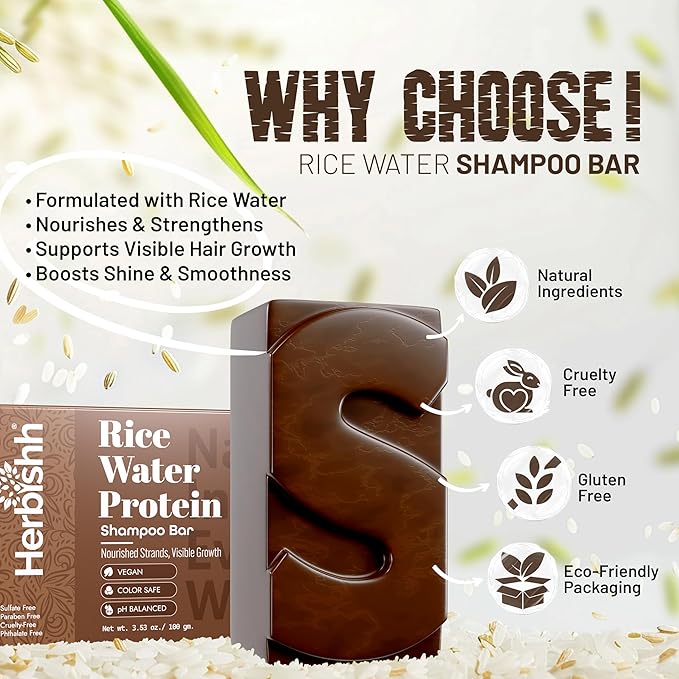 Herbishh Shampoo Bar for Hair Growth – Strengthening & Nourishing, Solid Soap for Thinning Hair, Paraben-Free & Sulfate-Free, 3.53 oz (Rice Water Shampoo, Pack of 1)