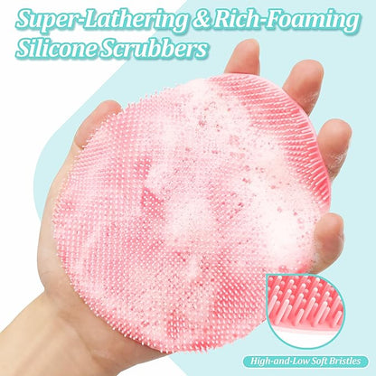 Back Scrubber for Shower & Silicone Bath Glove Set, 19’’ Detachable Long Handle Body Scrubber Wet or Dry Brush, Adjustable 2-in-1 Back & Body Brush with Soft Bristles for Deep Cleaning(Pink)