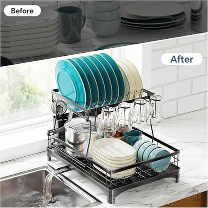 Simple Trending Dish Drying Rack, Stainless Steel Dish Racks for Kitchen Counter, Large Capacity 2-Tier Dish Drainer Organizer with Utensil Holder, Black