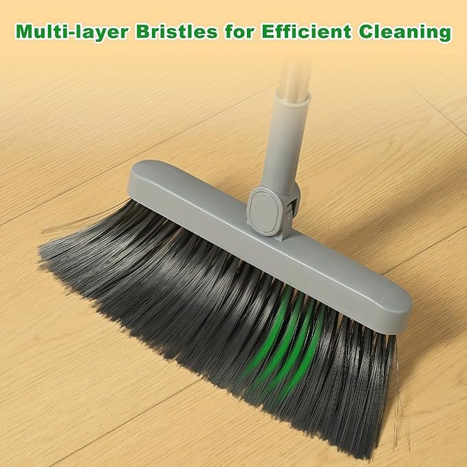 3in1 Broom and Dustpan Combo with Cleaning Teeth, Adjustable Long Handle, 180° Rotating Broom,Ideal for Pet Hair, Indoor Outdoor Heavy Duty Floor Sweeping (Gray)