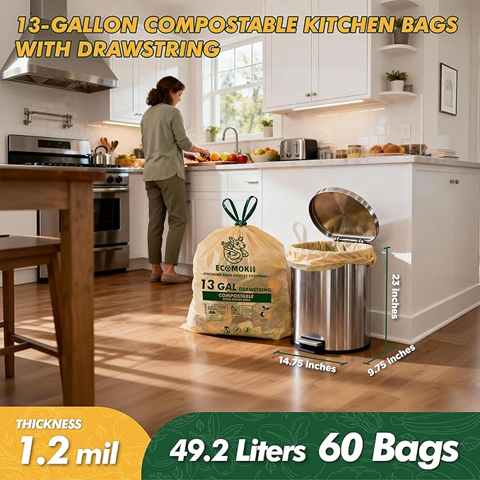 EcoMokii Compostable Trash Bags 13 Gallon with Drawstring, 60 Count, 49.2 Liter, 1.2 Mil Heavy Duty Compost Bags Extra Thick for Tall Kitchen Garbage Can, Unscented Food Waste Bag, BPI (ASTM D6400)