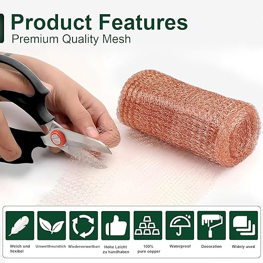 5 Inch x 150 ft Copper Mesh Roll for Rodent Control – Rustproof Wire Gap Filler for Holes, Bat/Snail Barrier, Garden & Home Repair – Includes Gloves, Scissors & Trowel