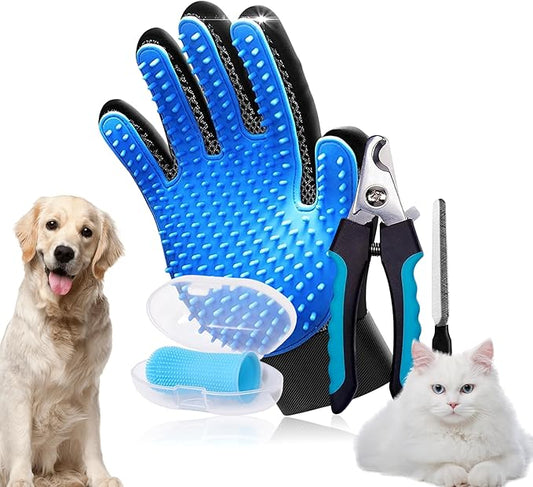 3-in-1 Pet Grooming Kit – Pet Deshedding Glove, 360° Silicone Finger Toothbrush, and Professional Dog Nail Clippers with File – Complete Grooming Set for Cats & Dogs with Short or Long Fur