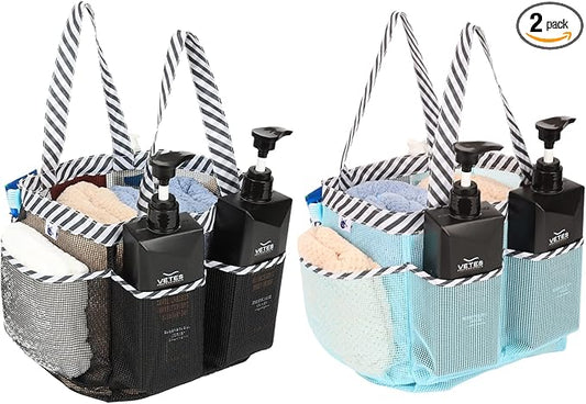 2 Pack Haundry Mesh Shower Caddy Tote Bag Hanging Portable Toiletry Bag College Dorm Essentials Quick Dry Bath Organizer for College Dorms, Gym, Camp for Bathroom Accessories(Black+Sky Blue)