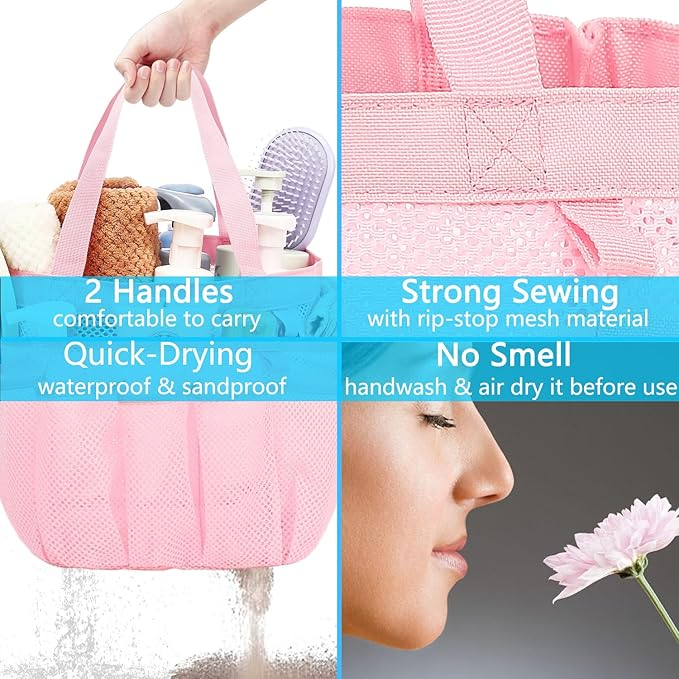 Fammart Mesh Shower Caddy Portable for College Dorm Room Essentials, 8-Pocket Large Shower Basket Tote Bag with 2 Handles for Toiletry, Bathroom, Beach, Camp, Gym