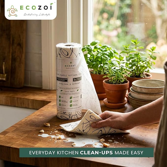 Ecozoi Bamboo Rayon Reusable Towels - 4 Pack | Equivalent to 80 Regular Rolls | 70% Rayon from Bamboo and 30% Cotton Kitchen Paper Rolls | 50 Times More Usage than Regular Paper Rolls