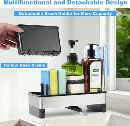 Kitchen Sink Caddy Organizer, Stainless Steel Sponge Holder, Kitchen Caddy Sink Organizer with Dish Brush Holder and Dishcloth Rack, Rustproof Dish Sponge Drying Rack for Countertop Storage