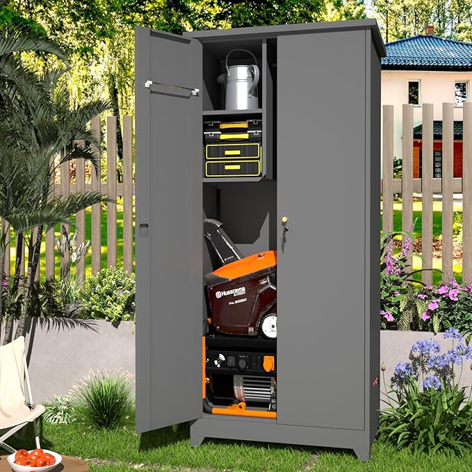 Outdoor Storage Cabinet,Garden Storage Cabinet with Sloping Roof and Waterproof Coating,Metal Storage Cabinets with Lockable Doors for Backyard,Lawn,Dark Gray
