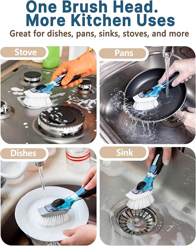 Dish Brush Refills, Dish Scrubber Replacement Heads Compatible with OXO Soap Dispensing Dish Brush, Nylon Bristles with Built-in Scraper, Suitable for Non-Stick Cookware, 4 Pack