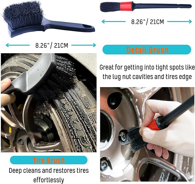 oesee 6PCS Car Wheel Cleaning Detailing Pro Kit, Tire Brush, 2 PCS Soft Wool Rims Brush, Detailing Brush, and Tire Dressing Pads, Scratch-Free & Multipurpose Tire Brush