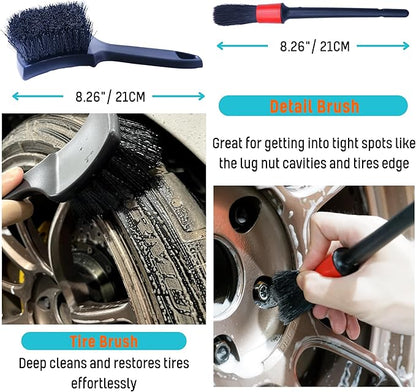 oesee 6PCS Car Wheel Cleaning Detailing Pro Kit, Tire Brush, 2 PCS Soft Wool Rims Brush, Detailing Brush, and Tire Dressing Pads, Scratch-Free & Multipurpose Tire Brush