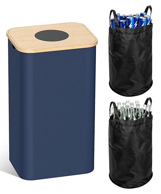 Recycling Bins for Kitchen, 26 Gallon (100L) Recycle Bin with Bamboo lid, Indoor Oxford Fabric Recycling Trash Can with 2pcs Removeable and Reusable Inner Bags for Bottle Can Glass Plastice, Blue
