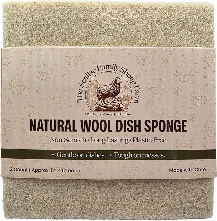Scalise Family Sheep Farm Wool Dish Sponge 5"x5" – Natural Sponge Dish Non Scratch | Organic Kitchen Sponges for Sink Cleaning | Long Lasting Wool Scrubber for Kitchen