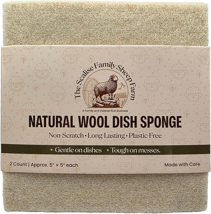 Scalise Family Sheep Farm Wool Dish Sponge 5"x5" – Natural Sponge Dish Non Scratch | Organic Kitchen Sponges for Sink Cleaning | Long Lasting Wool Scrubber for Kitchen