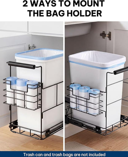 Bulado Pull Out Trash Can Under Cabinet, Under Sink Trash Can Kit with Side Bag Holder, Cabinet Pull Out Organizer for 7.5-10 Gallon Bin, Easy Installation, Bin Not Included