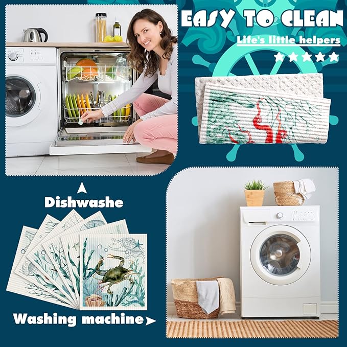 Cunhill 6 Pcs Swedish Kitchen Dish Cloths Kitchen Towels Reusable Sponge Cleaning Cloths Wipes Absorbent Dish Cloth Quick Drying Washable Decorative Tea Towels No Odor Bar Hand Towel (Ocean Animal)