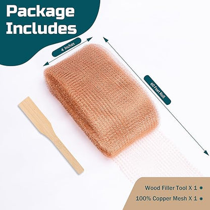 Copper Mesh Rodent Control, 4in x 60ft Rustproof Pure Copper Mesh Roll for Slug Snail Mice Control, Ideal for Blocking Holes in Walls Vents, Plus Packing Tool for Easy Installation