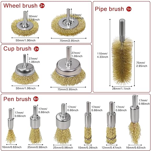 11 Pcs Wire Brush Drill Attachments-Wire Wheel for Drill Set Carbon Steel Cup & End Brushes with Soft Bristles for Metal Stripping,Rust & Paint Removal,Die Grinder Accessories,1/4" Shank
