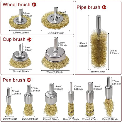 11 Pcs Wire Brush Drill Attachments-Wire Wheel for Drill Set Carbon Steel Cup & End Brushes with Soft Bristles for Metal Stripping,Rust & Paint Removal,Die Grinder Accessories,1/4" Shank