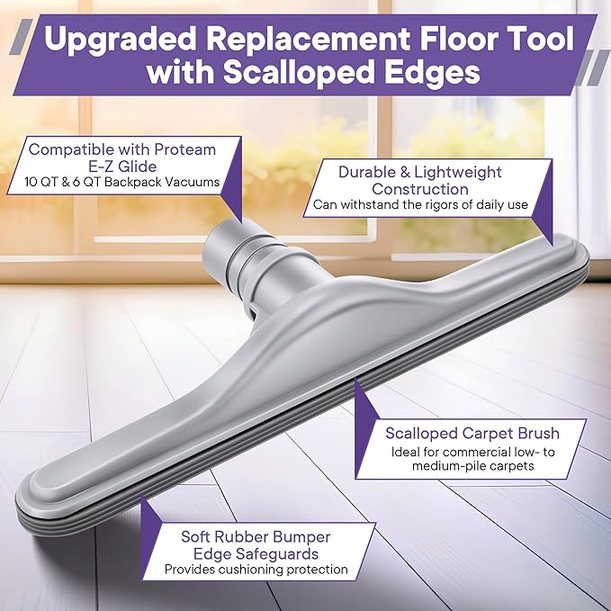 Replacement Floor Tool Compatible with ProTeam 101446 E-Z Glide Backpack Vacuum,Compatible with Hoover C2401, 14" Multi-Surface Brush for Commercial Cleaner(Brush with Scalloped Edges,Gray)