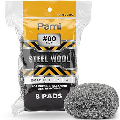 PAMI Steel Wool #00 Fine for Cleaning Glass Pack of 8, Fine Steel Wool Pads for Polishing, Buffing, Removing Grease and Grime