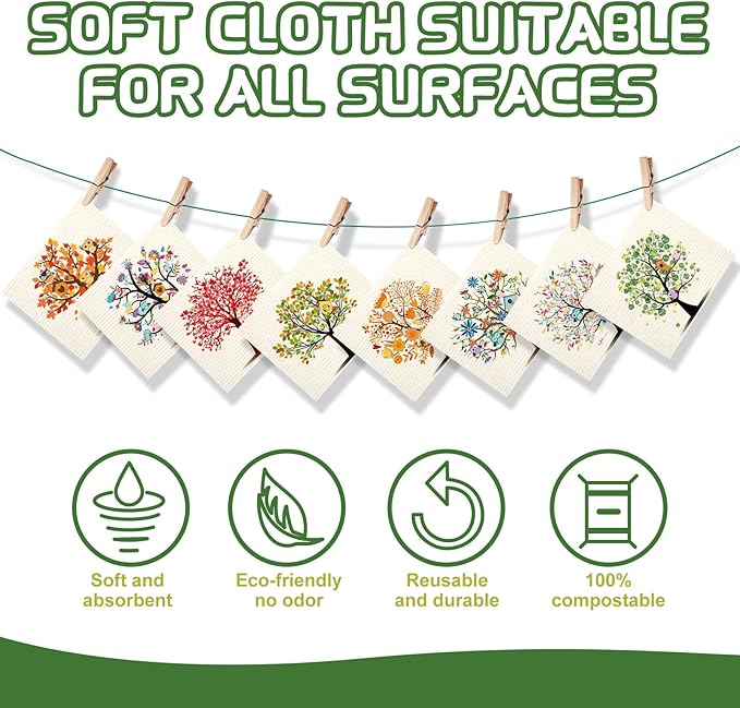 Vesici 8 Pcs Kitchen Dishcloths, Mixed Trees Owls Washable Reusable Sponge Cloths, Absorbent Dish Cloth, Washable Cleaning Wipes for Kitchen Dishes Bar Countertops