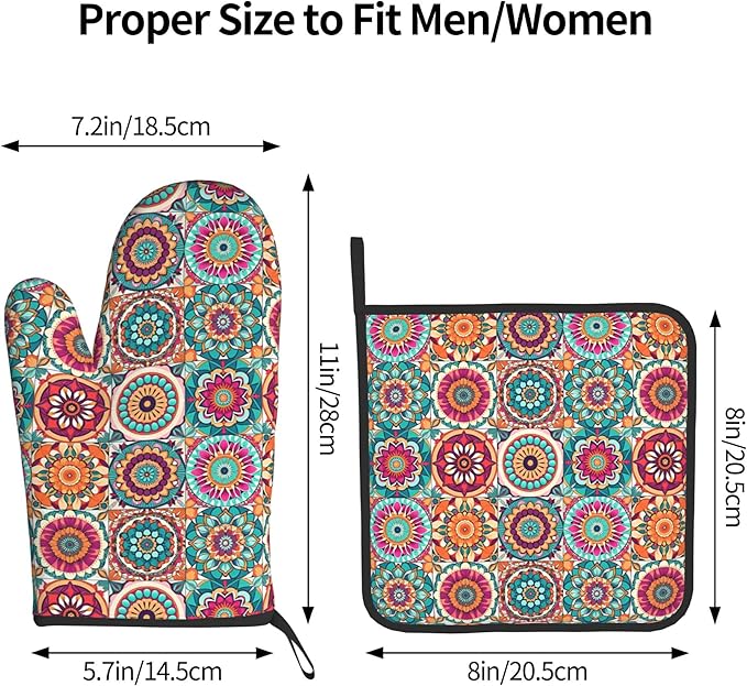 Boho Oven Mitts and Pot Holders - Mexican Flower Kitchen Mitt Sets of 2 Bohemian Oven Gloves Hot Pads for Cooking Baking Grilling