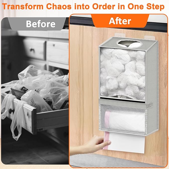 Spaclear Wall Mount Plastic Bag Holder - Large Oxford Cloth Grocery Bag Holder, 2-in-1 Plastic Bags Organizer with Trash Roll Dispenser for Home Kitchen Closet Cabinets Sink, Gray