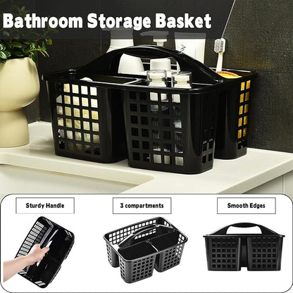 Haundry Plastic Shower Caddy Basket with 3 Compartments, Portable Divided Cleaning Supply Storage Organizer with Handle (Black)