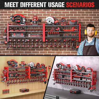 66" W Super Large Power Tool Organizer Wall Mount,Heavy Duty Cordless Tool Organizer with 18 Drill Holder,600 Lbs Capacity 4-Layer Garage Organization for Garage and Workshop (Red)