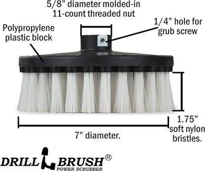 Carpet Cleaner Scrub Brush for Polisher - 7 Inch Soft White Drillbrush with 5/8 x 11 Threaded Hub for Rotary Polisher Machine - Large Car Buffer Brush - Large Carpet Scrubber - Drill Adapter Included