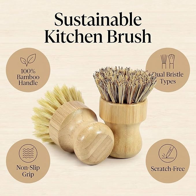 Bamboo Dish Brush Set – Natural Bamboo Brush with Sisal & Palm Bristles for Non-Stick Cookware, Pots, Vegetables, and Kitchen Cleaning - Eco-Friendly Vegetable Brush（2PCS）