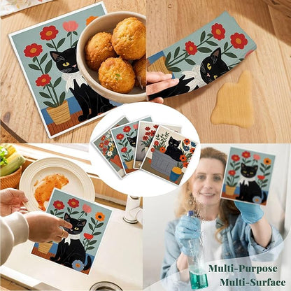 Cat Flowers Swedish Dishcloths for Kitchen, Papaya Reusable Paper Towels, 4 Pack Watercolor Dish Towels