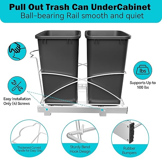 Pull Out Trash Can Under Cabinet 35QT Capacity 14"Wx22"D, Heavy Duty Kitchen Garbage Bin Soft-Close Full Extension Slides, Cabinets Cabinet Trash Can Slide Out Waste Container for Kitchen, Black