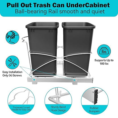 Pull Out Trash Can Under Cabinet 35QT Capacity 14"Wx22"D, Heavy Duty Kitchen Garbage Bin Soft-Close Full Extension Slides, Cabinets Cabinet Trash Can Slide Out Waste Container for Kitchen, Black