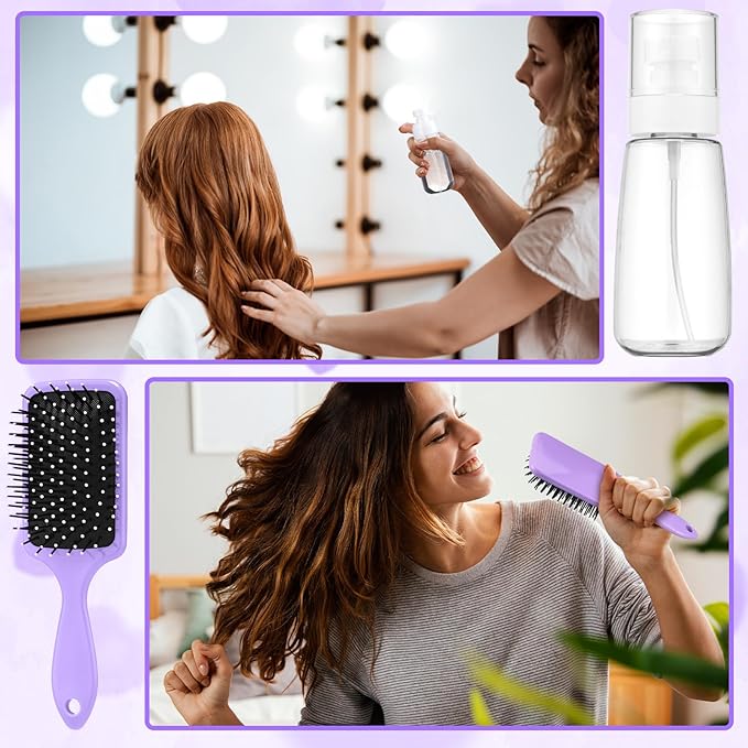 15 Pcs Slick Back Hair Brush Set, Bristle Comb with Spray Bottle,Hair Clip,Edge Brush for Women, Men (Purple)