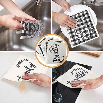 Funtery 6 Pcs Swedish Farmhouse Dishcloths Kitchen Black and White Buffalo Plaid Multipurpose Cellulose Sponge Cloths Love Family Together Home Reusable Towels for Kitchen Bathroom Cleaning Counters