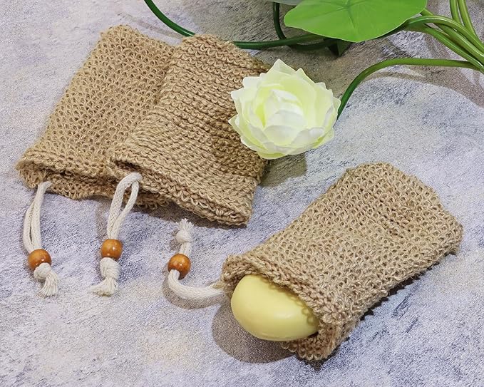 3pcs Soap Bag Net Pouch Saver Pocket Soap Lifting Pads Natural Sisal Jute Foaming Mesh Body Scrubber Bath Exfoliator Exfoliating Drying Soap Holder for Shower Gift DIY Craft (9x14cm, Brown)