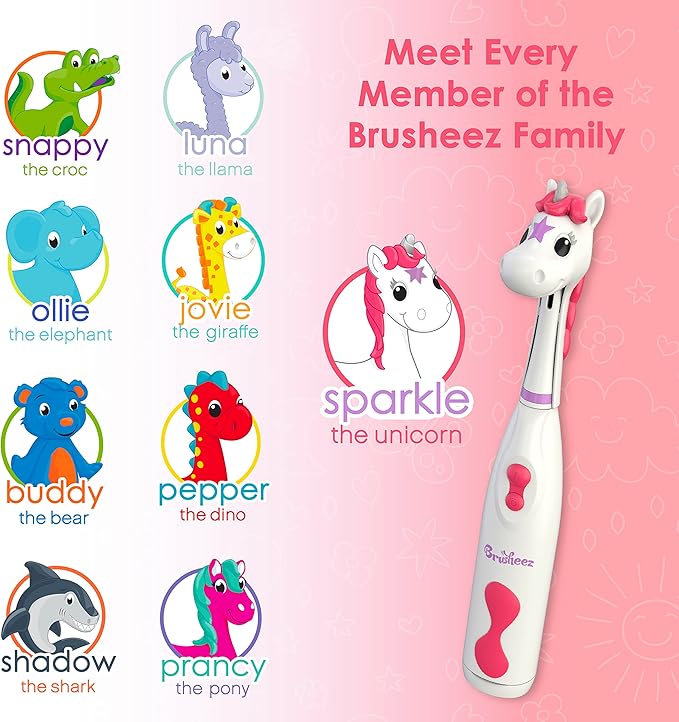 Brusheez Kids’ Electric Toothbrush Set - Safe & Effective for Ages 3+ - Parent Tested & Approved with Gentle Bristles, 2 Brush Heads, Rinse Cup, 2-Minute Timer, & Storage Base (Sparkle the Unicorn)